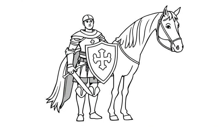 Un caballero con armadura y su caballo, listo para colorear en esta placa de color.