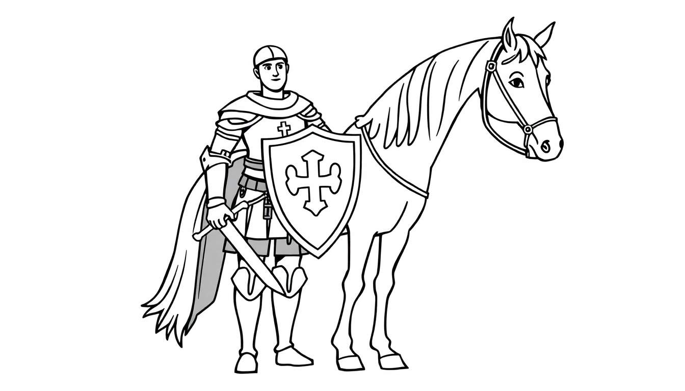 Un caballero con armadura y su caballo, listo para colorear en esta placa de color.