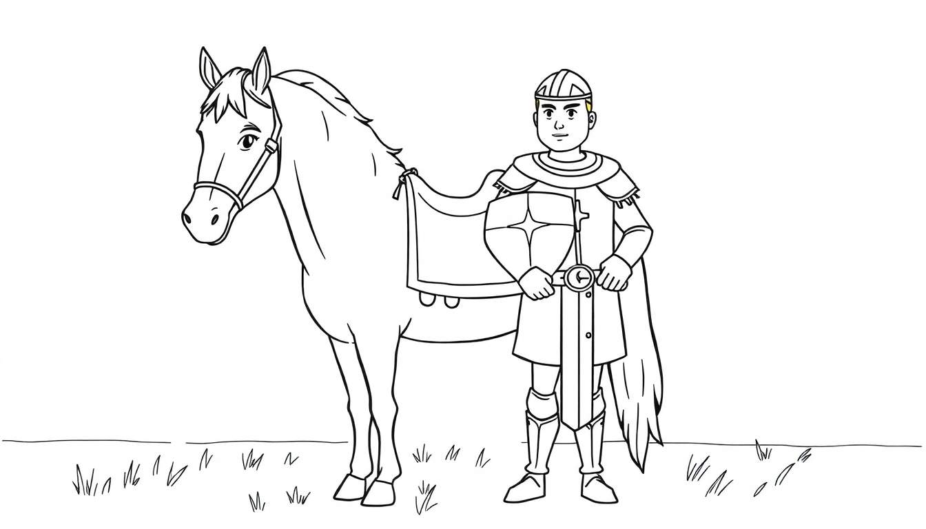Un caballero y su caballo sobre hierba, listo para la aventura, diseñado para colorear con una placa de color.