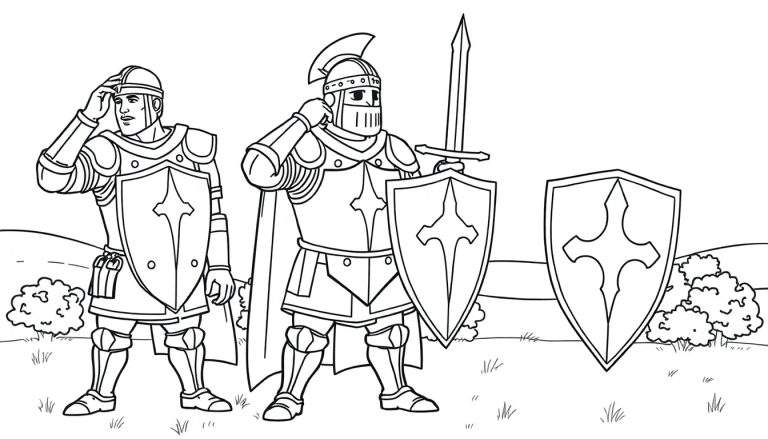 Dos caballeros listos para colorear con sus escudos de placa de color.