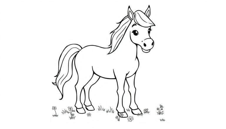 Un caballo de dibujos animados alegre con una melena y cola fluidas, listo para ser coloreado en una placa de color.