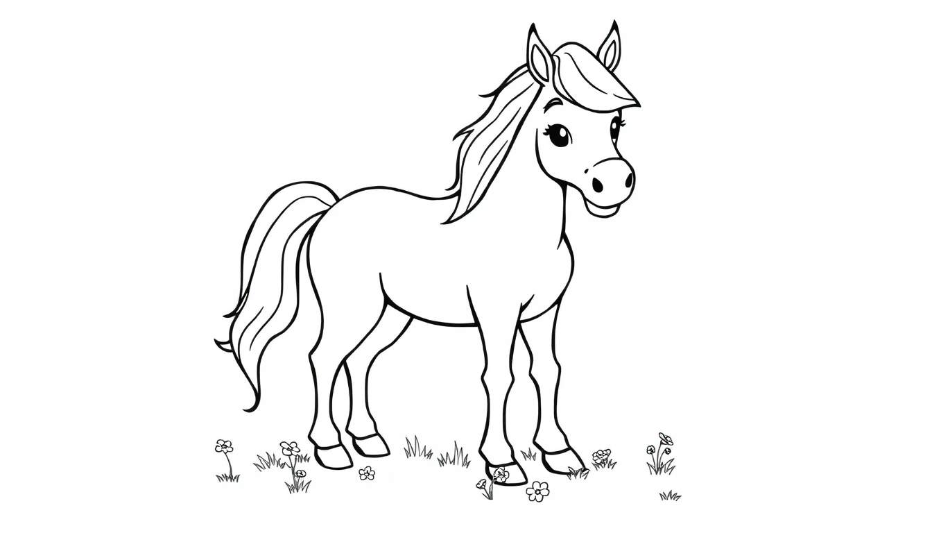 Un caballo de dibujos animados alegre con una melena y cola fluidas, listo para ser coloreado en una placa de color.