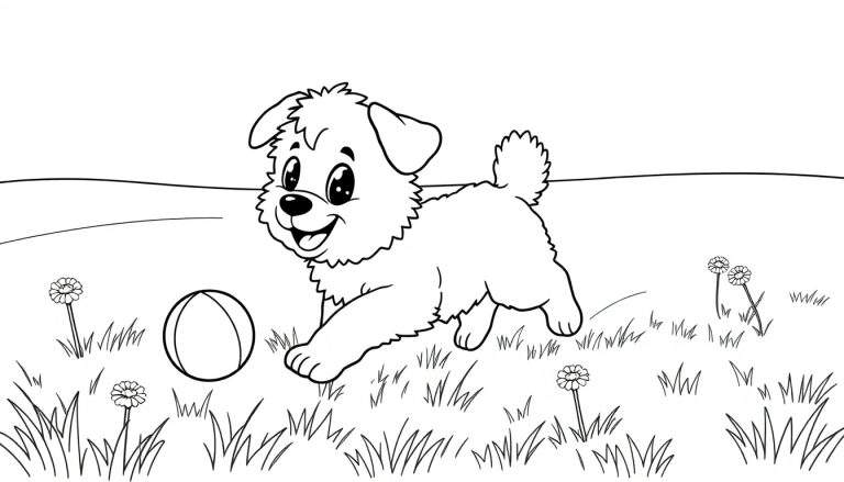 Cachorrito jugando en un campo para colorear con pelota.