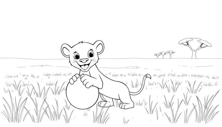 Un dibujo lineal de un cachorro de león jugando con una pelota grande en la sabana, listo para colorear.