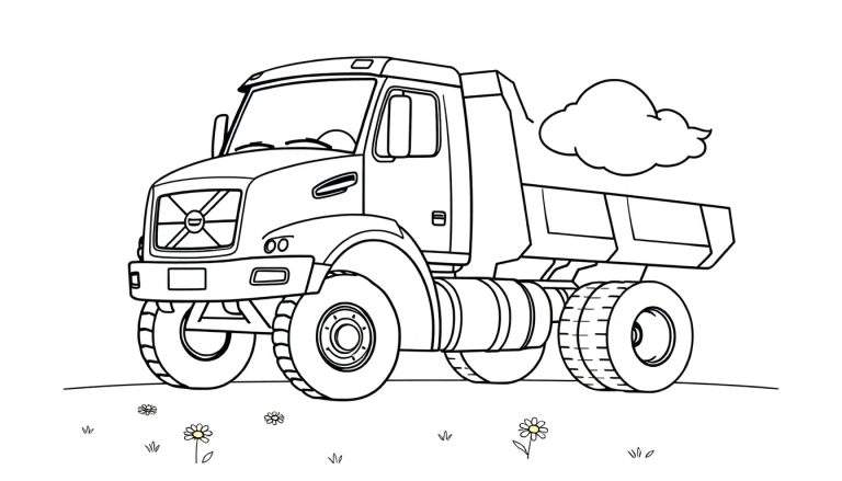 Un lindo camión volquete de Volvo listo para colorear, visto desde un lado, con detalles de neumáticos, parachoques, parrilla, faros y carrocería de descarga. Hay una línea de tierra con flores y hierba debajo, y una nube en el cielo. La placa de color está lista para ser pintada.