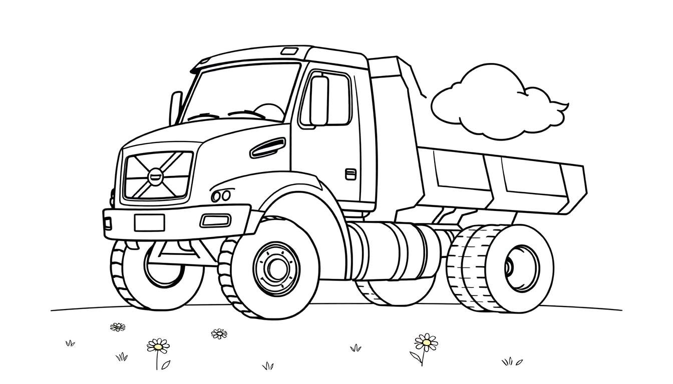 Un lindo camión volquete de Volvo listo para colorear, visto desde un lado, con detalles de neumáticos, parachoques, parrilla, faros y carrocería de descarga. Hay una línea de tierra con flores y hierba debajo, y una nube en el cielo. La placa de color está lista para ser pintada.