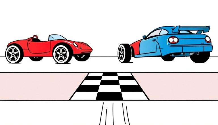 Dos autos de juguete, uno rojo y otro azul, compitiendo hacia una línea de meta a cuadros, esperando ser coloreados con la placa de color.