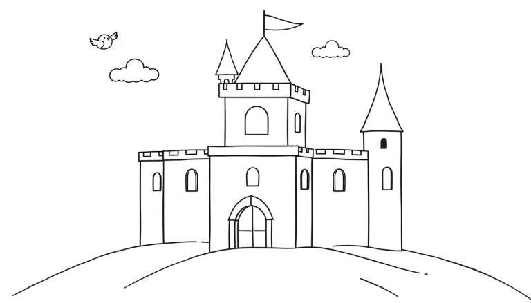 Placa de color de un castillo con formas geométricas y una bandera.