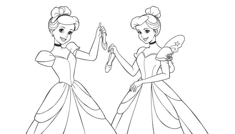 Dibujo para colorear de Cenicienta sosteniendo un zapato de cristal, con un vestido de gala y el pelo recogido, en una placa de color.