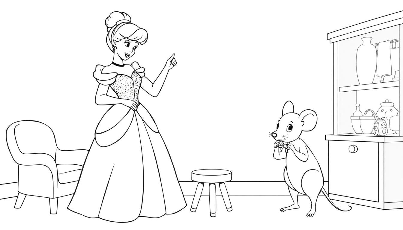 Página para colorear de Cenicienta con un ratón, mostrando una escena de planificación para el baile, con la palabra 'placa de color' incluida.