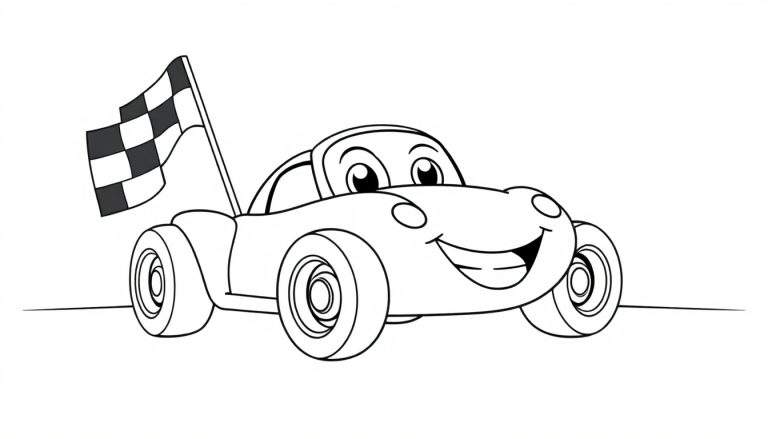 Un coche de carreras sonriente listo para colorear en blanco y negro, con una bandera a cuadros de carreras detrás.