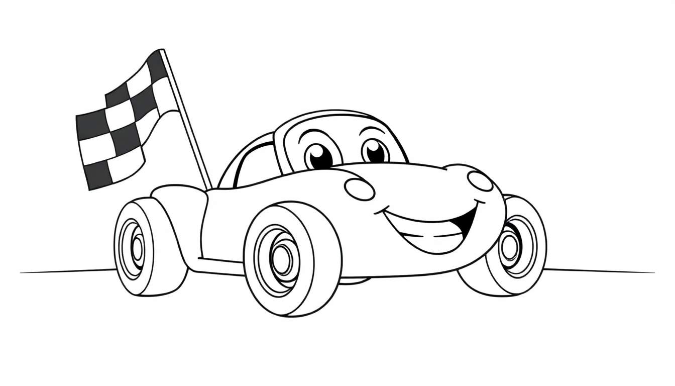 Un coche de carreras sonriente listo para colorear en blanco y negro, con una bandera a cuadros de carreras detrás.