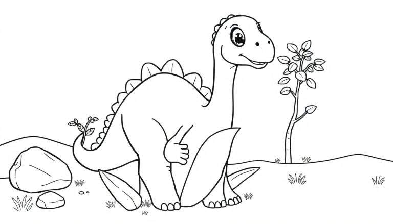 Un lindo dinosaurio de cuello largo con placas de color en su espalda, sonriendo.