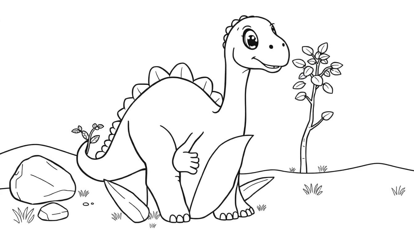 Un lindo dinosaurio de cuello largo con placas de color en su espalda, sonriendo.