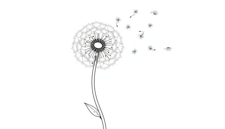 Un dibujo en blanco y negro de un diente de león con semillas volando, listo para colorear, presentado en una placa de color.