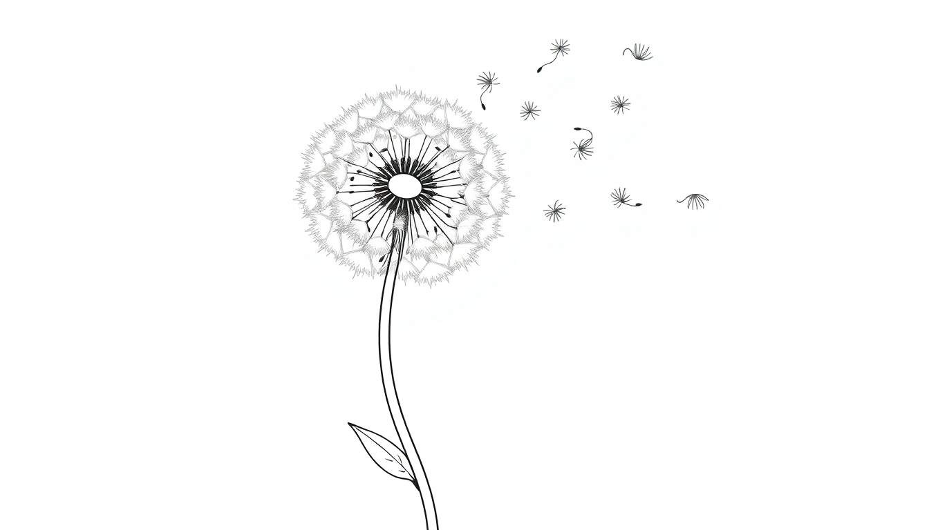 Un dibujo en blanco y negro de un diente de león con semillas volando, listo para colorear, presentado en una placa de color.