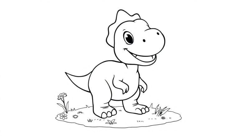 Un dinosaurio de dibujos animados feliz, listo para ser coloreado con una placa de color.