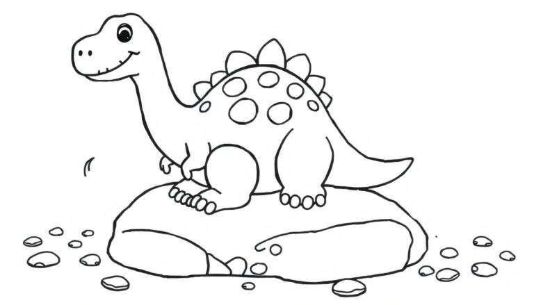Página de colorear de un diplodocus amigable creando un mosaico de colores con piedritas.