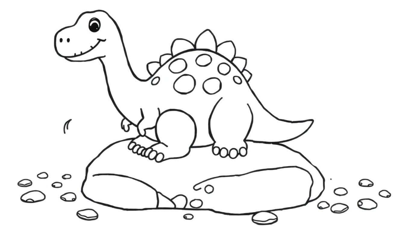 Página de colorear de un diplodocus amigable creando un mosaico de colores con piedritas.