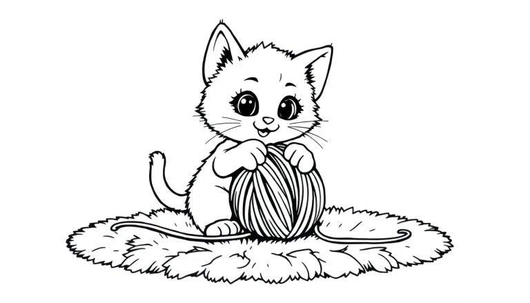 Gatito jugando con ovillo de lana, página para colorear con placa de color.
