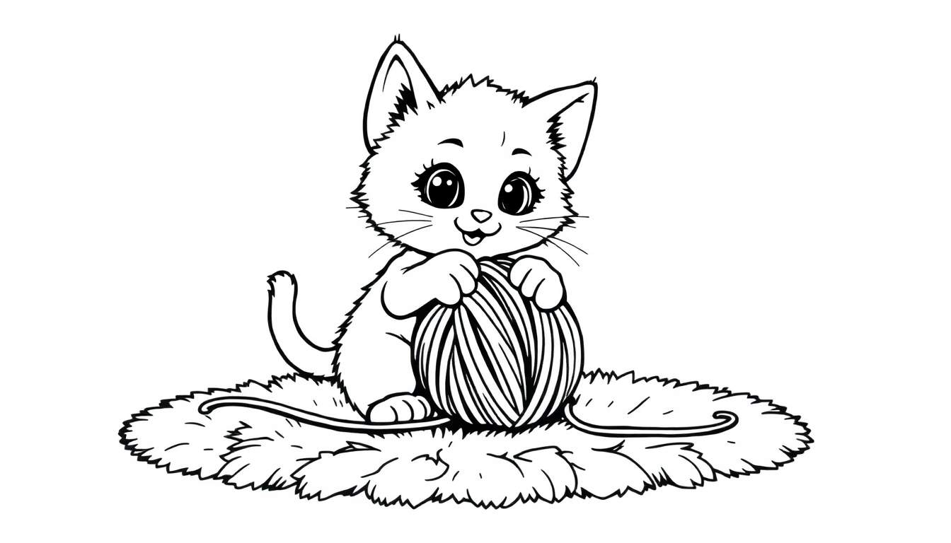 Gatito jugando con ovillo de lana, página para colorear con placa de color.