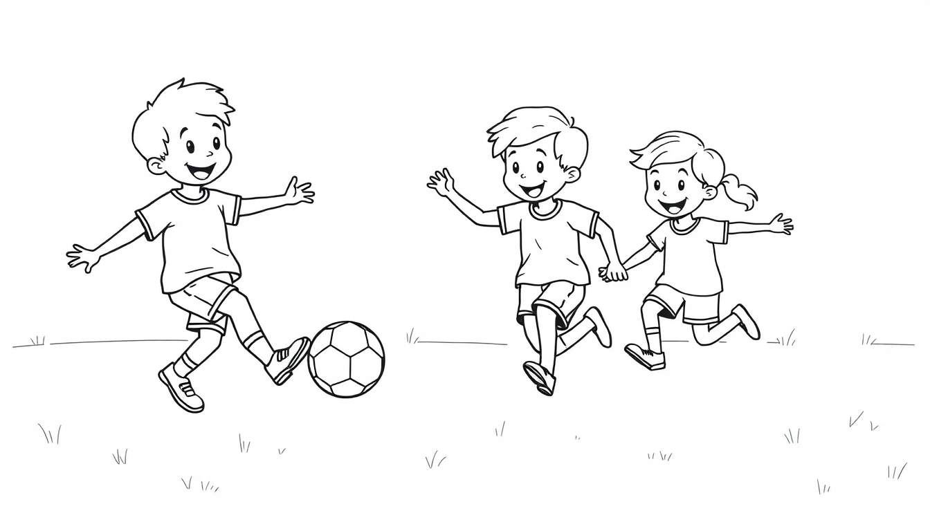 Tres niños sonriendo jugando al fútbol, con espacio para colorear en la placa.