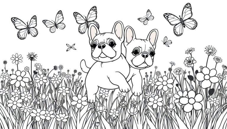 Página para colorear con dos cachorros de bulldog francés jugando con mariposas en un campo de flores.