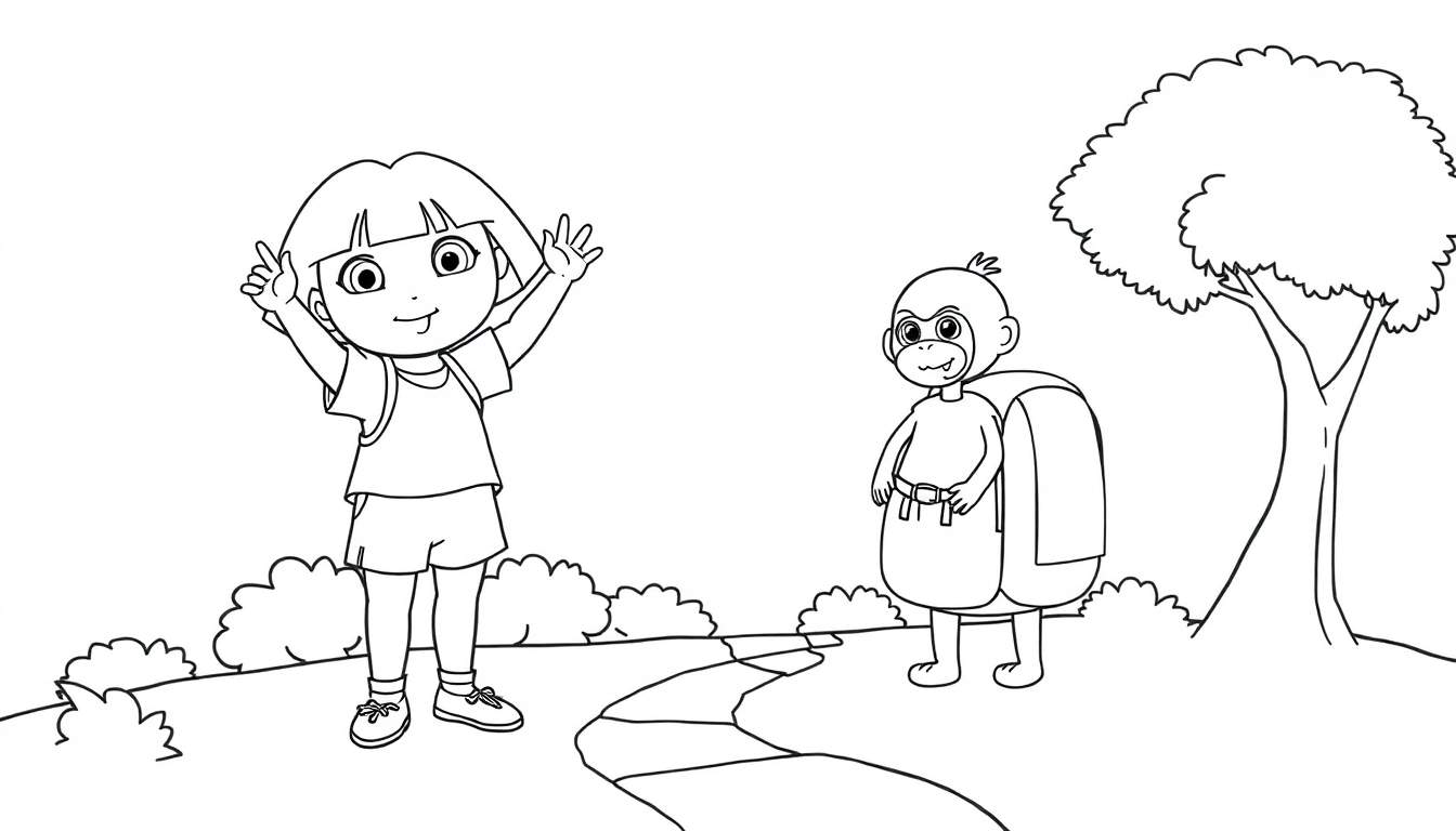 Dibujo para colorear de Dora la Exploradora y Boots con una placa de color.