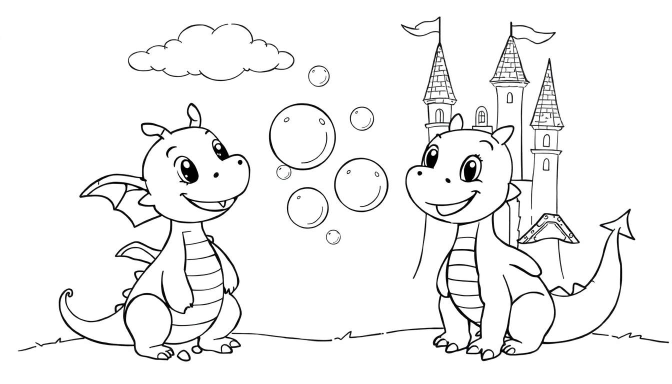 Dibujo de dos dragones de dibujos animados, uno sentado sonriendo y el otro cerca de un castillo, con burbujas flotando, para colorear, placa de color.