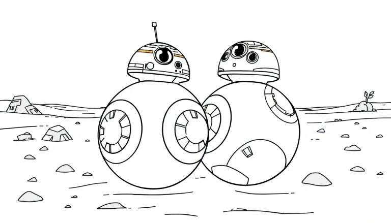 Página para colorear de Star Wars, droides BB-8 y amigo en el desierto.