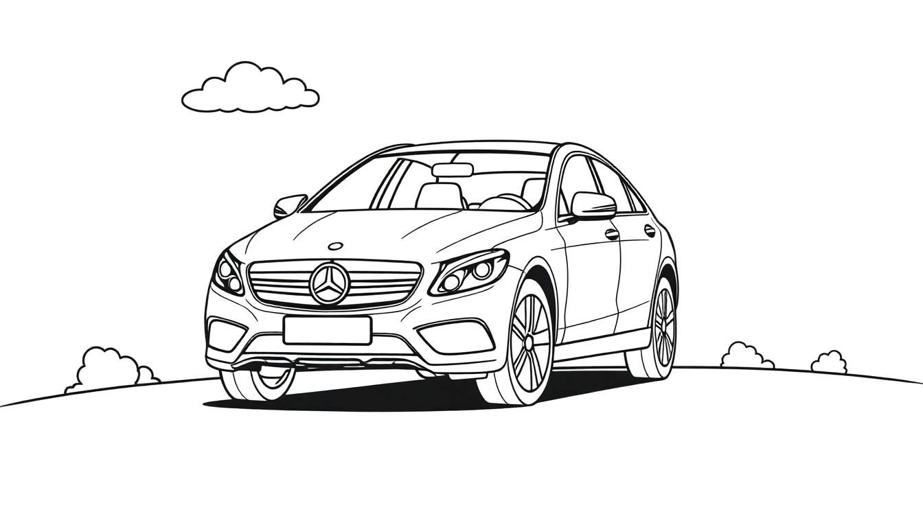 Un coche Mercedes-Benz negro para colorear con una placa de color esperando a ser pintado.