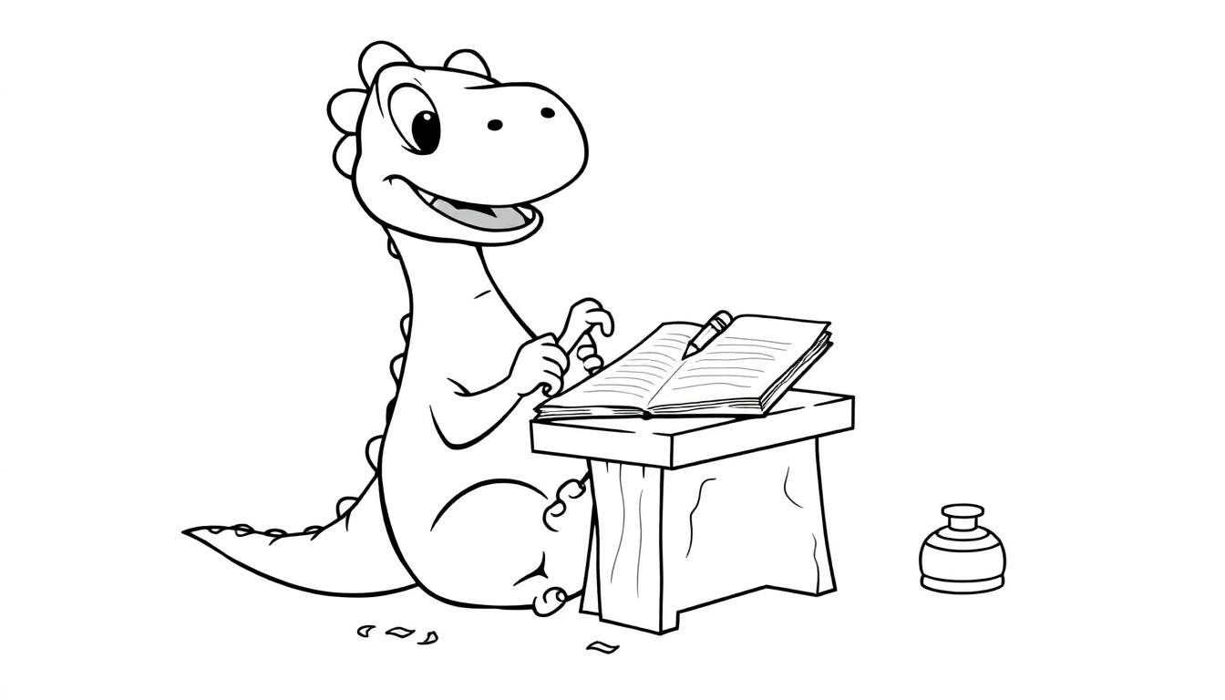 Un simpático dinosaurio blanco y negro con una gran sonrisa escribe en un libro abierto con un bolígrafo gigante, con un tintero al lado y un fondo blanco.