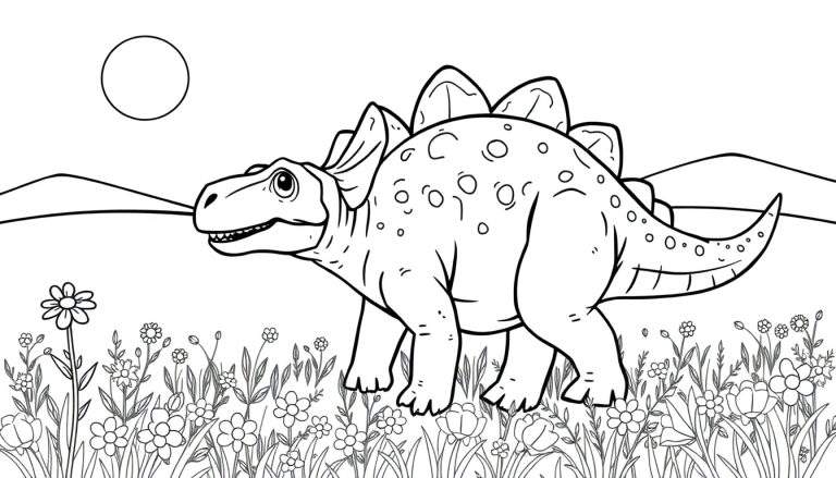 Un estegosaurio amigable con placas de color en su espalda, caminando en un prado lleno de flores.