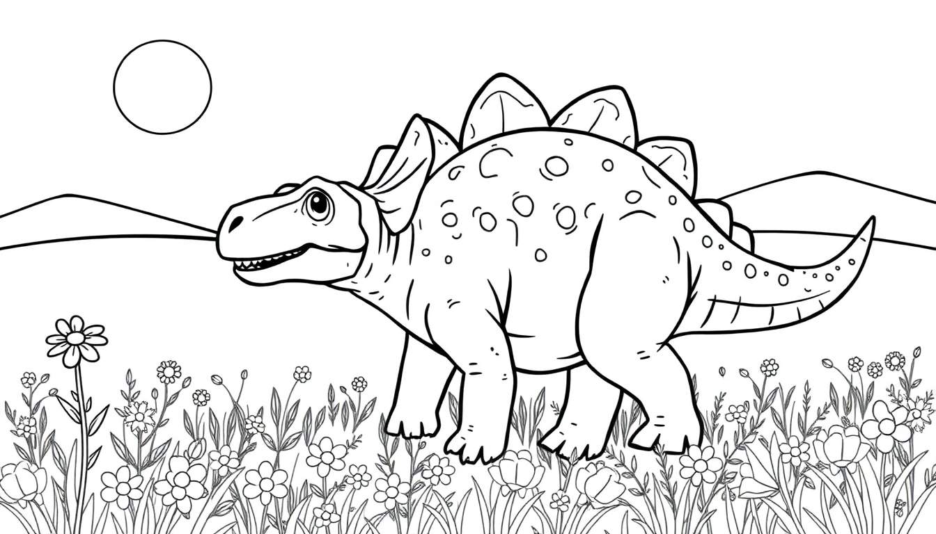 Un estegosaurio amigable con placas de color en su espalda, caminando en un prado lleno de flores.