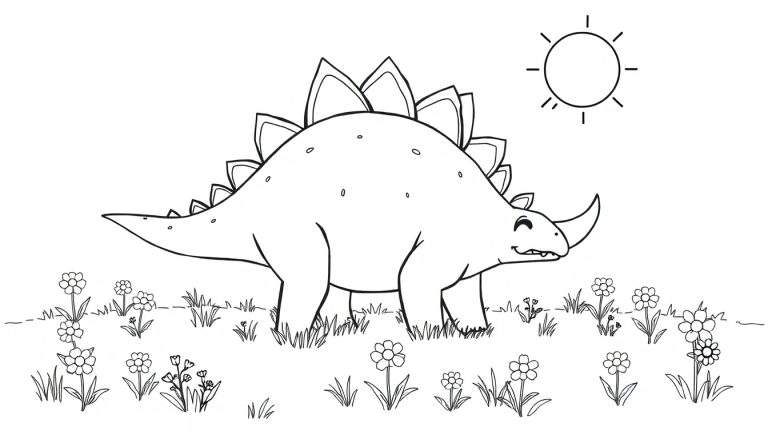 Estegosaurio amigable con grandes placas en la espalda pastando en un campo de flores bajo el sol.