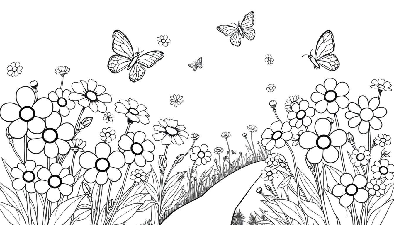 Una página para colorear de un jardín con flores y mariposas, lista para colorear.