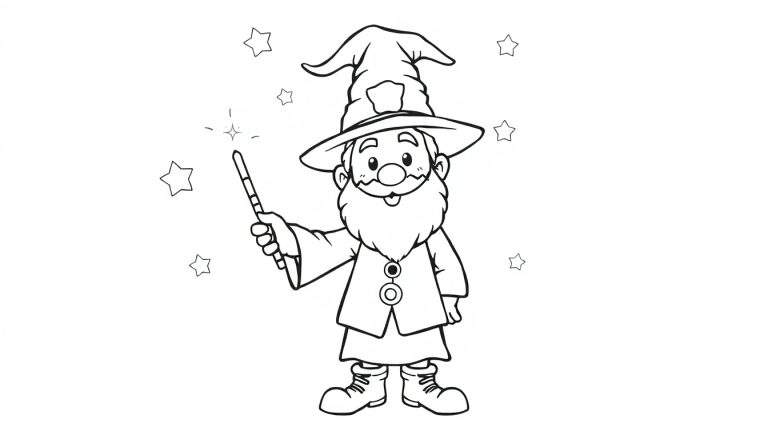 Página para colorear de un mago amigable con una placa en su sombrero, sosteniendo una varita mágica rodeado de estrellas.