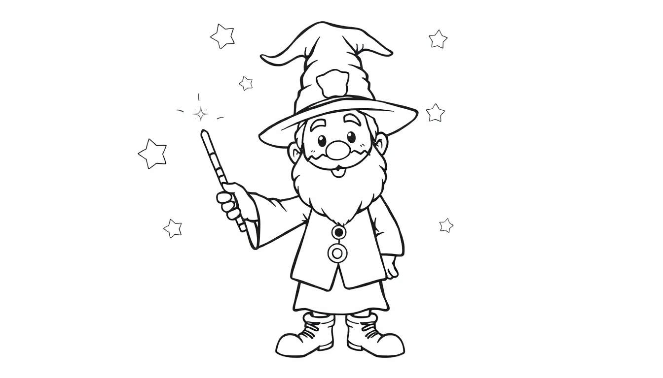 Página para colorear de un mago amigable con una placa en su sombrero, sosteniendo una varita mágica rodeado de estrellas.