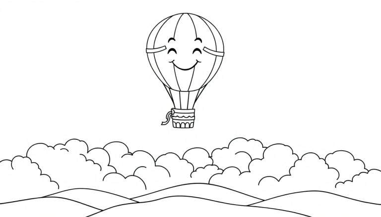 Globo aerostático sonriente flotando, dibujo lineal en blanco y negro, ideal para colorear, placa de color.