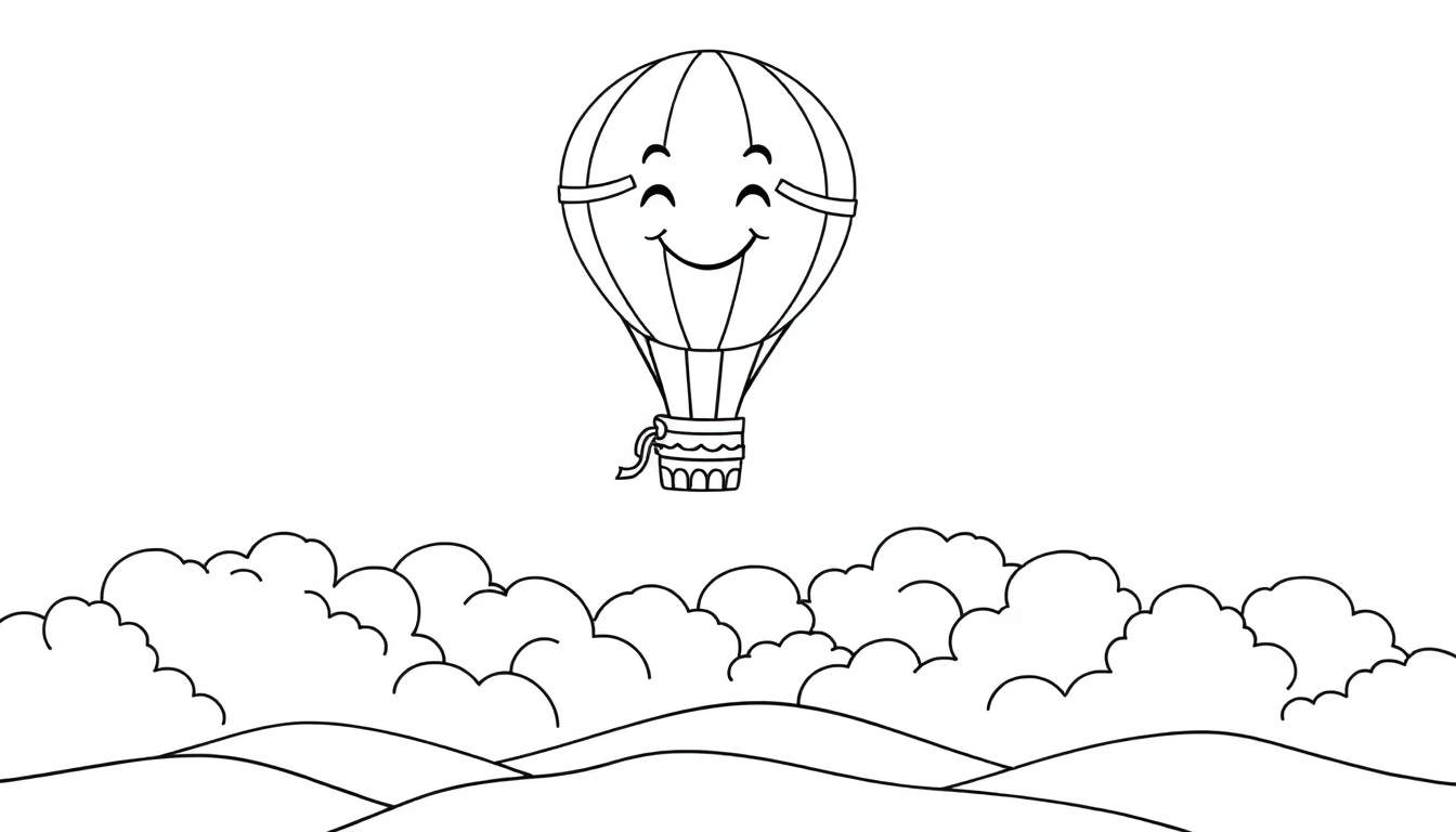 Globo aerostático sonriente flotando, dibujo lineal en blanco y negro, ideal para colorear, placa de color.