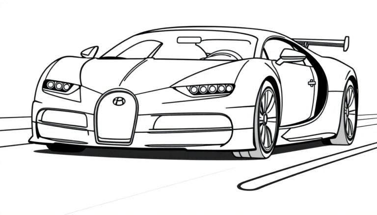 Un coche deportivo Bugatti de carreras listo para colorear, con la placa de color esperando tu toque artístico.