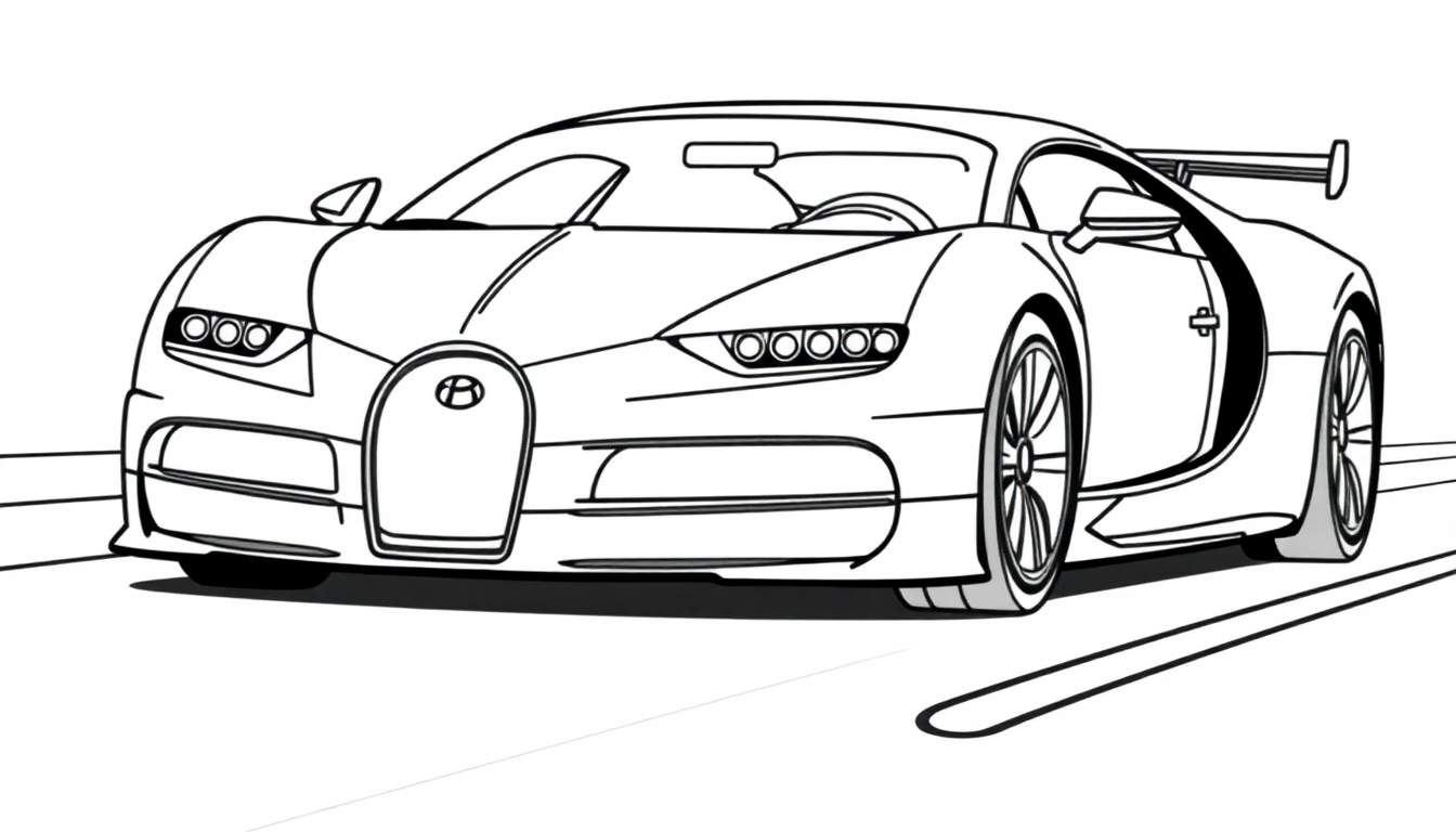 Un coche deportivo Bugatti de carreras listo para colorear, con la placa de color esperando tu toque artístico.