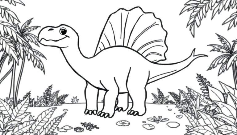 Un dinosaurio Espinosaurio amigable listo para ser coloreado, con una gran vela en la espalda y rodeado de vegetación tropical en una placa de color.