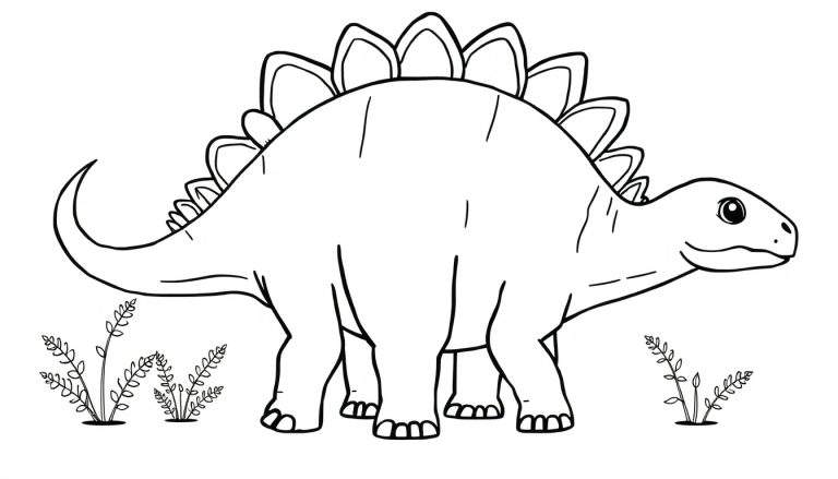Un dibujo lineal de un estegosaurio amigable para colorear, con sus características placas de color prominentes.