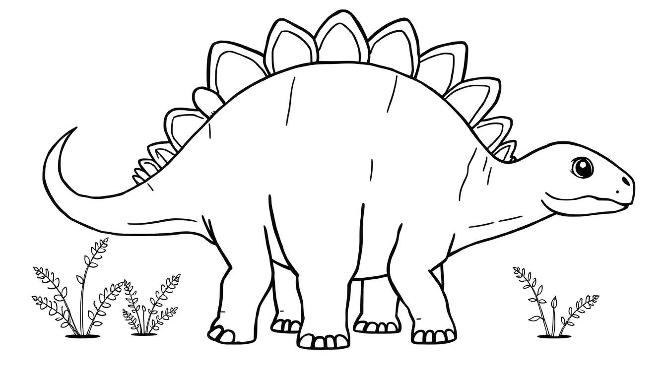 Un dibujo lineal de un estegosaurio amigable para colorear, con sus características placas de color prominentes.