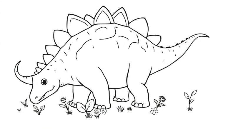 Estegosaurio amigable para colorear con grandes placas y cola con púas.