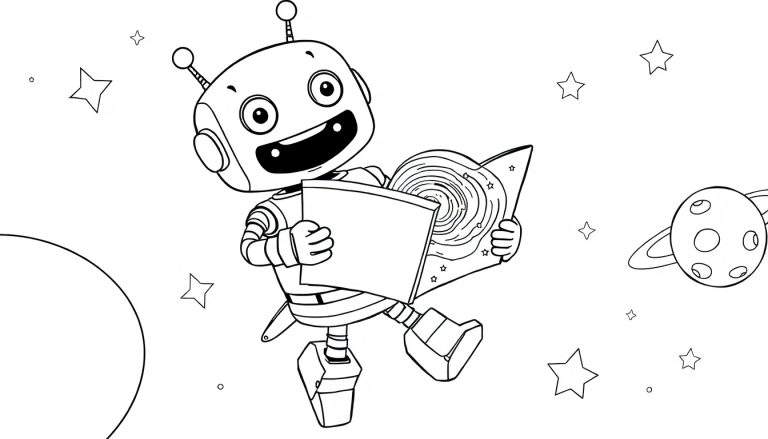 Robot amigable de dibujos animados leyendo un mapa estelar, listo para colorear en una placa de color.