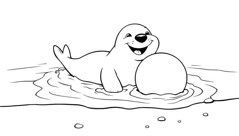 Una foca sonriente en el agua con líneas onduladas representando el agua y algunas rocas.