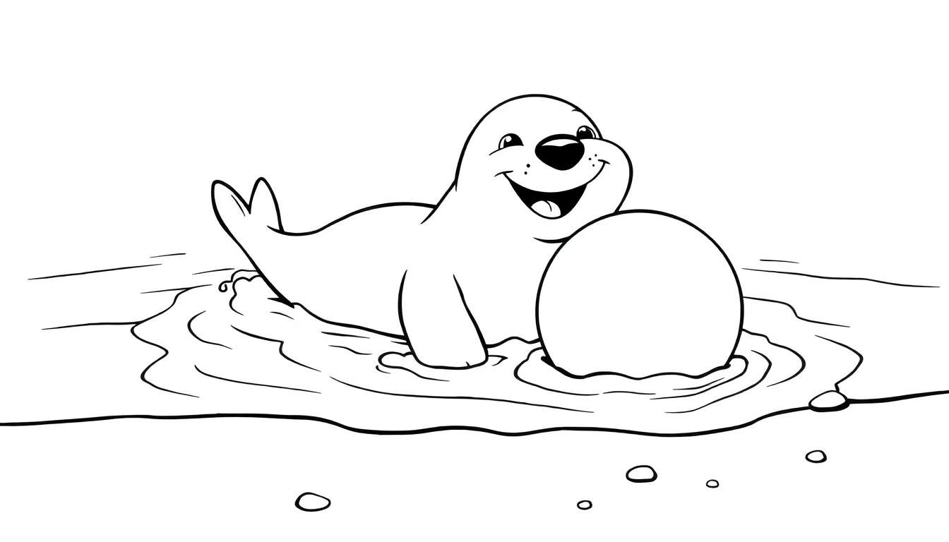 Una foca sonriente en el agua con líneas onduladas representando el agua y algunas rocas.