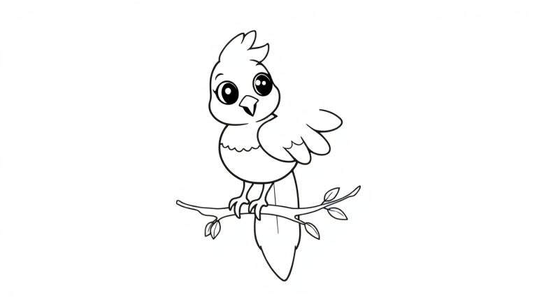 Un fénix de dibujos animados amigable sentado en una rama, listo para ser coloreado, en la placa de color.